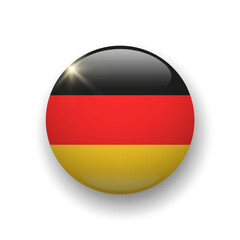 Realistic glossy button with Germany flag. 3d vector element with shadow underneath. Best for mobile apps, UI and web design.