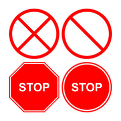 Stop. Traffic road prohibition sign isolated on a white background. Red crossed circle shape vector icon signage highway signboard.