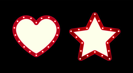 Vector empty retro circus billboard frame with electric bright glowing lamps. Light bulbs heart and star shapes figure.