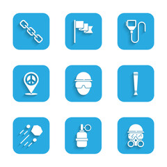 Set Special forces soldier, Hand grenade, Gas mask, Police rubber baton, Flying stone, Location peace, Walkie talkie and Chain link icon. Vector