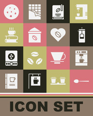 Set Spoon, Coffee machine, French press, book, Bag coffee beans, cup and, Cookie or biscuit and Lovers icon. Vector