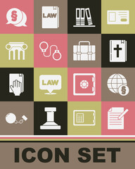 Set Document and pen, International law, Holy bible book, Office folders, Handcuffs, Law pillar, and Briefcase icon. Vector