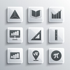 Set Square root of x glyph, Pi symbol, Ruler, Triangular ruler, Laptop with graph chart, Computer monitor, Geometric figure Tetrahedron and Graph, schedule, diagram icon. Vector