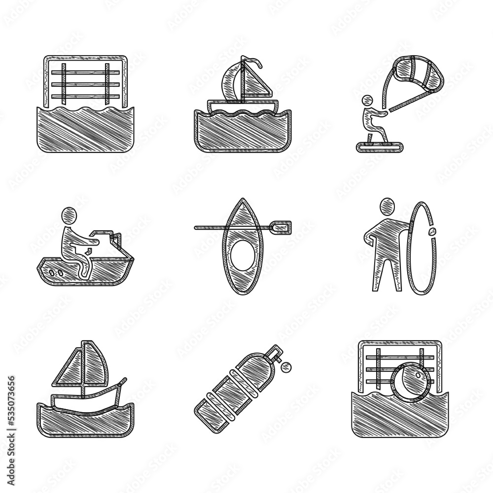 Sticker set kayak and paddle, aqualung, water polo, surfboard, yacht sailboat, jet ski, kitesurfing and icon