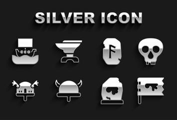 Set Viking in horned helmet, Skull, flag, Magic rune, ship Drakkar and Anvil for blacksmithing icon. Vector