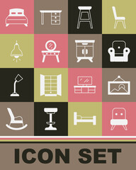 Set Armchair, Picture, Chair, Dressing table, Lamp hanging, Big bed and Furniture nightstand icon. Vector