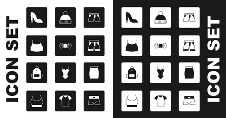 Set Short or pants, Bow tie, Female crop top, Woman shoe, Beanie hat, Skirt and School backpack icon. Vector