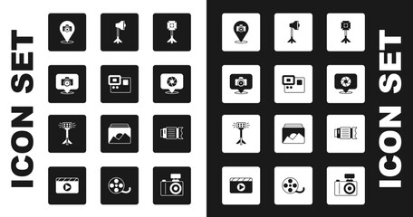 Set Studio light bulb in softbox, Action extreme camera, Photo, Camera shutter, photo lens and icon. Vector