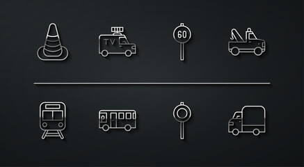 Set line Traffic cone, Train and railway, Tow truck, Road traffic signpost, Bus, TV News car, Delivery cargo and Speed limit icon. Vector