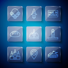 Set line Church building, Location Russia, Military tank, Made, King crown, Bread loaf, Russian bagels and Slavic pagan idol icon. Vector