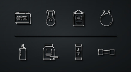 Set line Online fitness and training, Punching bag, Kettlebell, Sports nutrition, Dumbbell and program icon. Vector