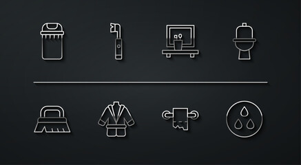 Set line Trash can, Brush for cleaning, Toilet bowl, paper roll, Bathrobe, Electric toothbrush, Water drop and Washbasin mirror icon. Vector