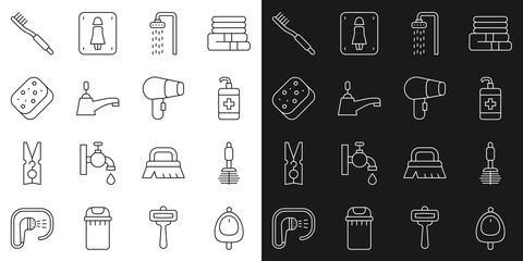 Set line Toilet urinal or pissoir, brush, Hand sanitizer bottle, Shower, Water tap, Sponge, Toothbrush and Hair dryer icon. Vector