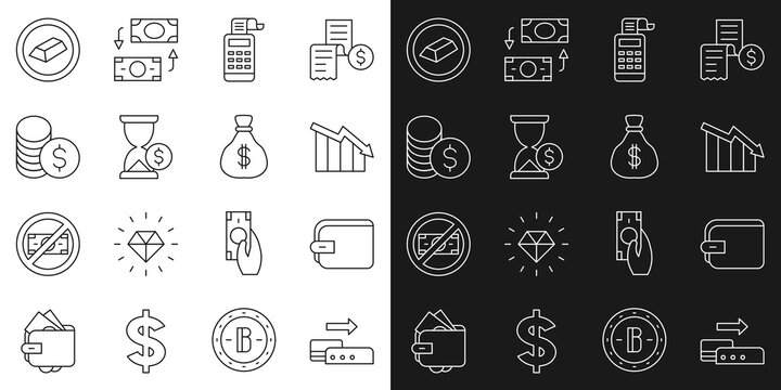 Set line Pos terminal, Wallet, Financial growth decrease, Cash register machine, Hourglass with dollar, Coin money, Gold bars and Money bag icon. Vector