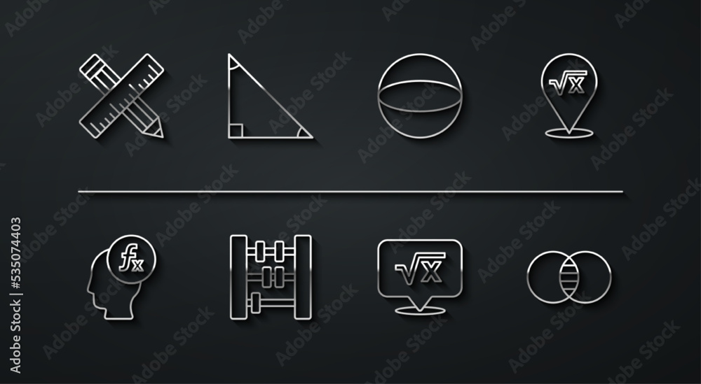 Aufkleber set line crossed ruler and pencil, function mathematical symbol, square root of x glyph, abacus, tri