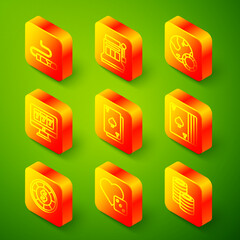 Set line Cigar, Slot machine, Casino chips, Online slot with jackpot, Playing card spades, Deck of playing cards, and Game dice icon. Vector