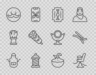 Set line Barber apron, Barbershop chair, Blade razor, pole, Mustache, Electric blade, Washbasin and Hair clip icon. Vector