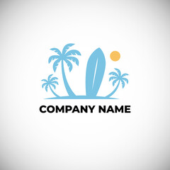 Fototapeta na wymiar Logo design template with palm trees and surfboard. Vector illustration