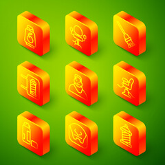 Set line Bottle of shampoo, Barbershop chair, Mop, pole, Client in barbershop, Shaving gel foam and Mustache and beard icon. Vector