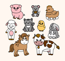 Obraz premium Farm animals set - cat, horse, chicken, chicken, pig, sheep, cow. Hand draw illustration. Kawaii face. Doodle style. Vector on isolated background. For kids printing and web