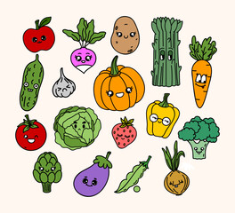 Farm vegetables collection. Funny organic plants - radish, carrot, eggplant, artichoke, potato, corn. Kawaii face. Hand drawn illustration. Vector on isolated background. For kids printing and web