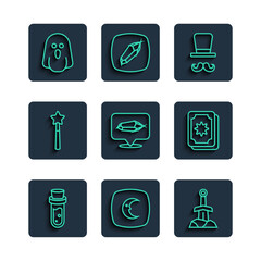 Set line Bottle with potion, Moon and stars, Sword in the stone, Magician, wand, Ghost and Tarot cards icon. Vector
