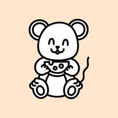 Cute mouse with cheese. Farm animal. Kawaii face. Hand draw doodle style. Vector on isolated background. For printing on paper and fabric, children's illustration
