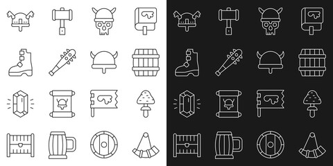 Set line Hunting horn, Mushroom, Wooden barrel, Skull with viking helmet, Mace spikes, Ancient boots, Viking horned and icon. Vector