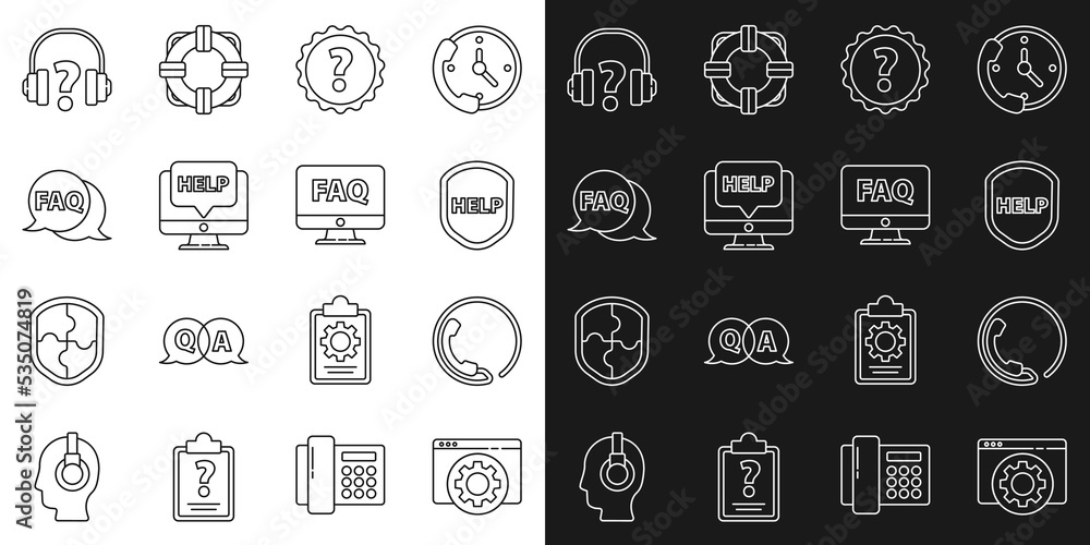 Poster set line browser setting, telephone 24 hours support, shield with text help, question mark, computer