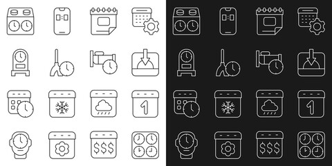 Set line Time zone clocks, Calendar, Sunset, Cleaning time, Antique, chess and to sleep icon. Vector