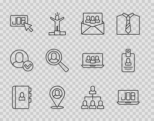 Set line Resume, Search job, Project team base, Worker location, Magnifying glass for search, Employee hierarchy and Identification badge icon. Vector