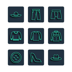 Set line Sewing button for clothes, Woman shoe, Man hat, Men underpants, Sweater, Elegant women and Shirt icon. Vector