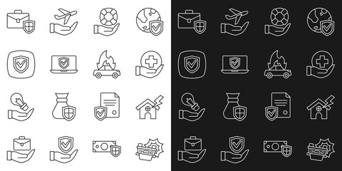 Set line Car accident, House and lightning, Life insurance, Lifebuoy hand, Insurance online, Shield, Briefcase with shield and Burning car icon. Vector