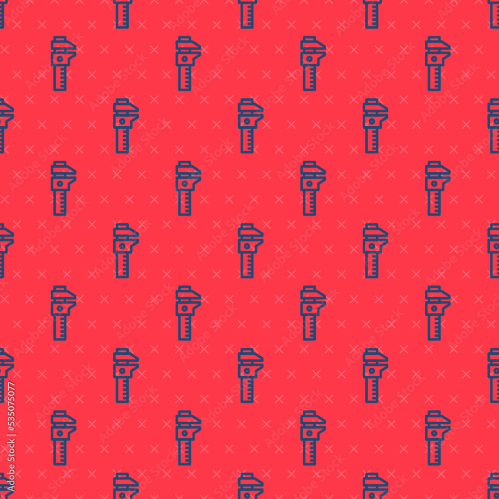 Poster blue line calliper or caliper and scale icon isolated seamless pattern on red background. precision 