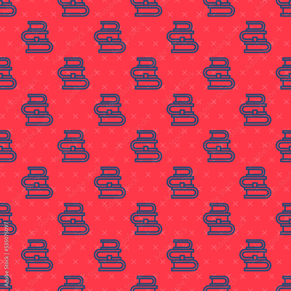 Poster blue line book icon isolated seamless pattern on red background. vector