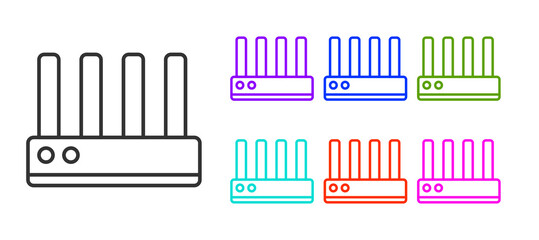 Black line Router and wi-fi signal icon isolated on white background. Wireless ethernet modem router. Computer technology internet. Set icons colorful. Vector