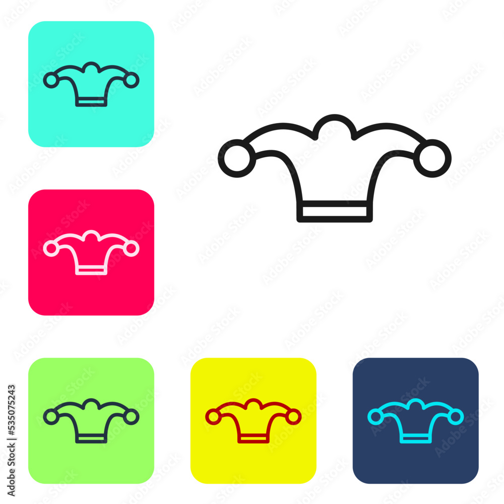 Poster black line jester hat with bells isolated on white background. clown icon. amusement park funnyman s