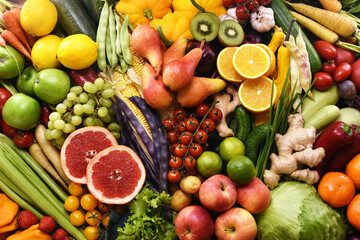 Fresh ripe bright colorful fruits and vegetables from market, summer farm harvest background, healthy diet vegetarian food