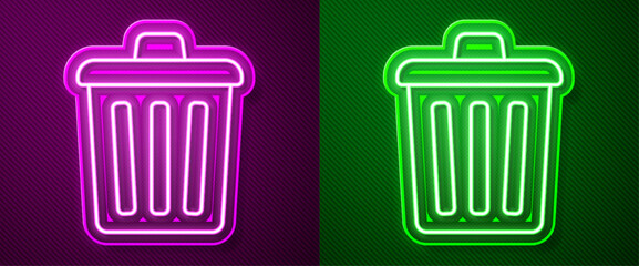 Glowing neon line Trash can icon isolated on purple and green background. Garbage bin sign. Recycle basket icon. Office trash icon. Vector