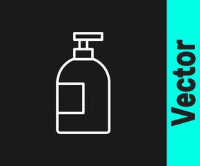 White line Dishwashing liquid bottle icon isolated on black background. Liquid detergent for washing dishes. Vector