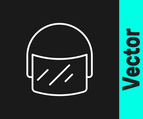 White line Police helmet icon isolated on black background. Military helmet. Vector