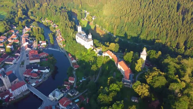Rozmberk Castle and Vltava River from above