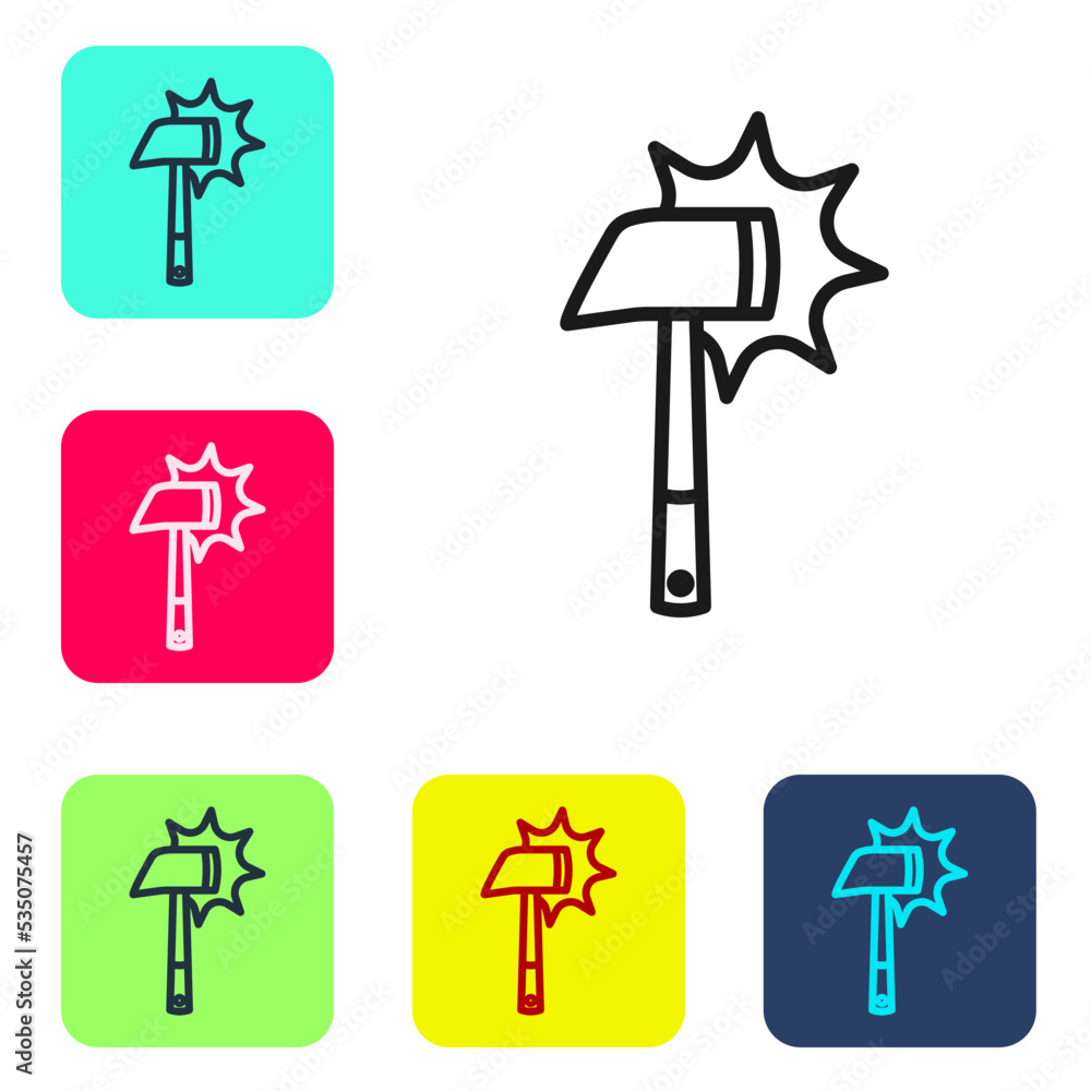 Poster black line firefighter axe icon isolated on white background. fire axe. set icons in color square bu