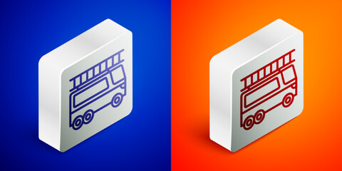 Isometric line Fire truck icon isolated on blue and orange background. Fire engine. Firefighters emergency vehicle. Silver square button. Vector
