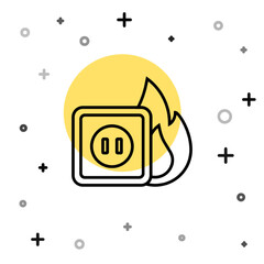 Black line Electric wiring of socket in fire icon isolated on white background. Electrical safety concept. Plug outlet on fire. Random dynamic shapes. Vector