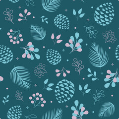 Abstract seamless pattern with leaves and twigs. Botanical illustration on a green background for textiles, wrapping paper, curtains, wallpaper, cover, interior decor. Vector template.