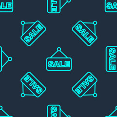 Green line Price tag with an inscription Sale icon isolated seamless pattern on blue background. Badge for price. Promo tag discount. Vector