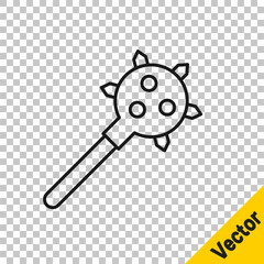 Black line Medieval chained mace ball icon isolated on transparent background. Morgenstern medieval weapon or mace with spikes. Vector