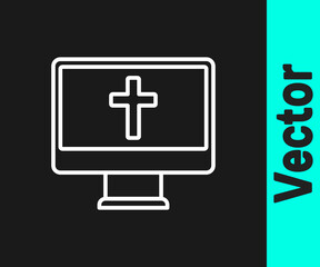 Obraz premium White line Christian cross on monitor icon isolated on black background. Church cross. Vector