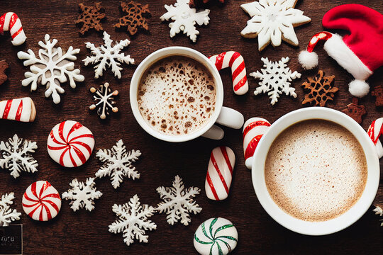 Christmas image of hot cocoa chocolate and cookies laid flat view from top